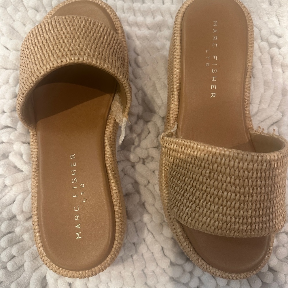 Marc Fisher Woven Slide Sandals in Tan Raffia